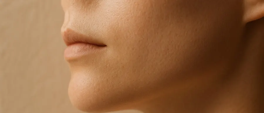 Close-up profile of a chin and jawline in warm neutral light, illustrating chin projection and profile balance