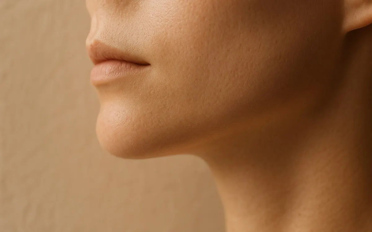 Close-up profile of a chin and jawline in warm neutral light, illustrating chin projection and profile balance