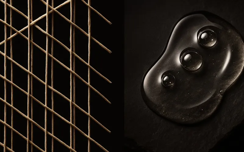 Woven taupe lattice beside a pool of clear gel on dark stone, illustrating collagen scaffolding compared with hydration