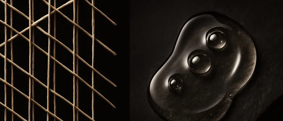 Woven taupe lattice beside a pool of clear gel on dark stone, illustrating collagen scaffolding compared with hydration
