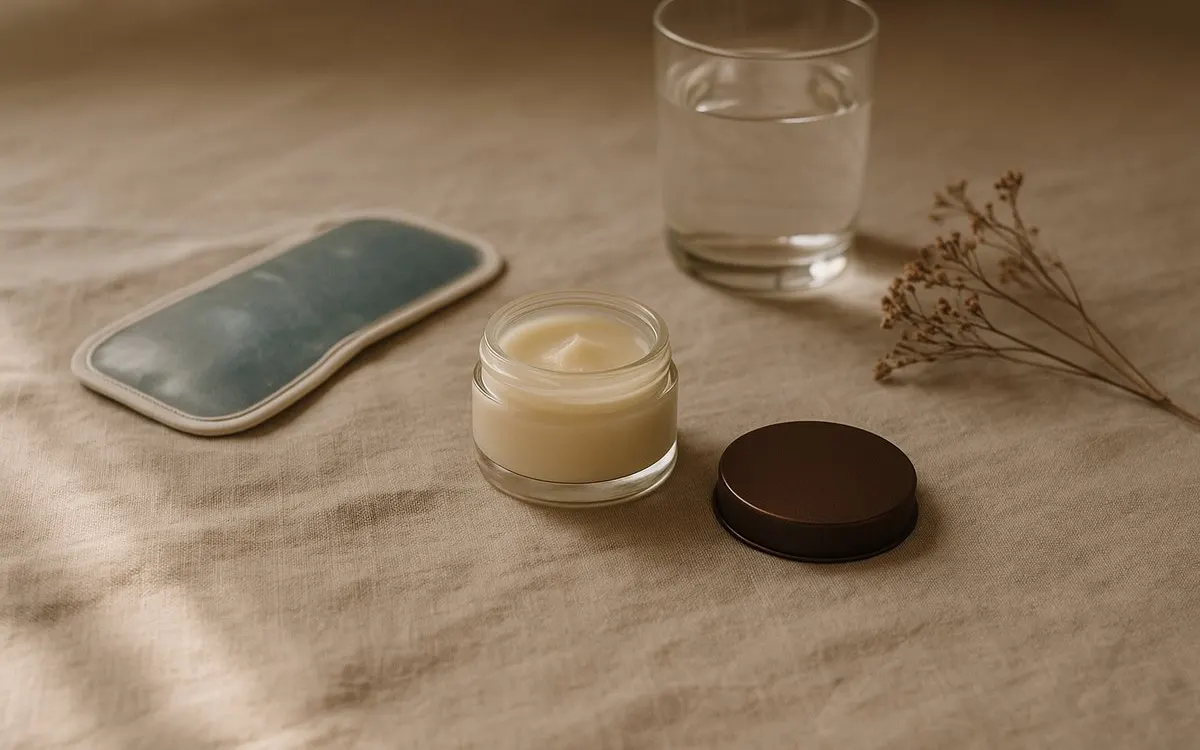Soothing balm, cool compress and water arranged on linen, dermal filler aftercare still life