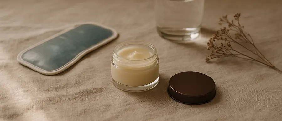 Soothing balm, cool compress and water arranged on linen, dermal filler aftercare still life