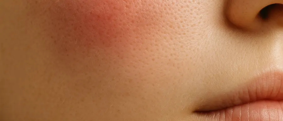 Extreme macro of adult cheek skin with a warm rose flush blooming across it and fading into neutral skin, fine pores and downy hair in soft daylight