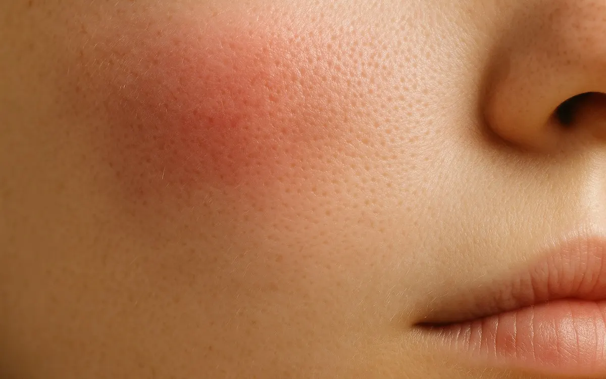 Extreme macro of adult cheek skin with a warm rose flush blooming across it and fading into neutral skin, fine pores and downy hair in soft daylight