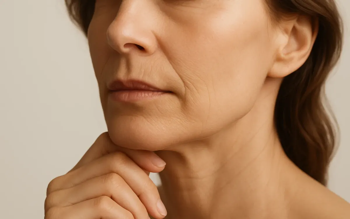 Close study of a mouth and perioral region in warm neutral light, showing the vermillion border and philtral columns
