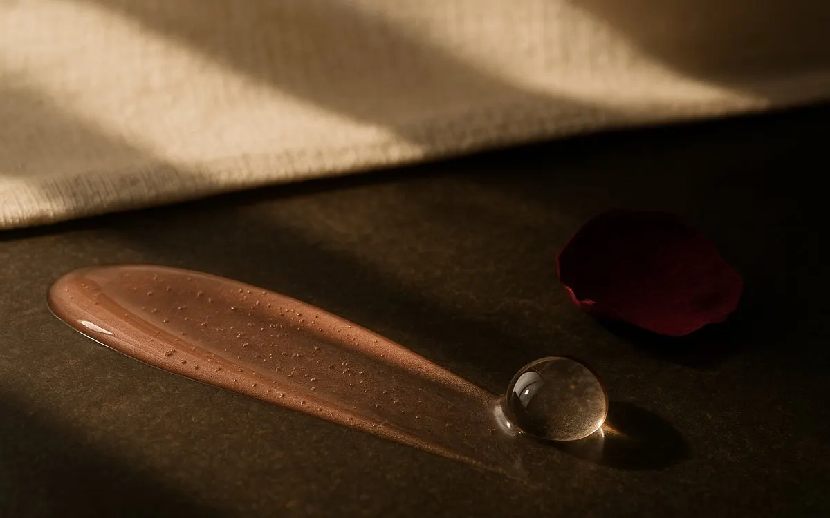Rose tinted serum smear with a glass droplet and burgundy petal on warm stone, lip treatment still life