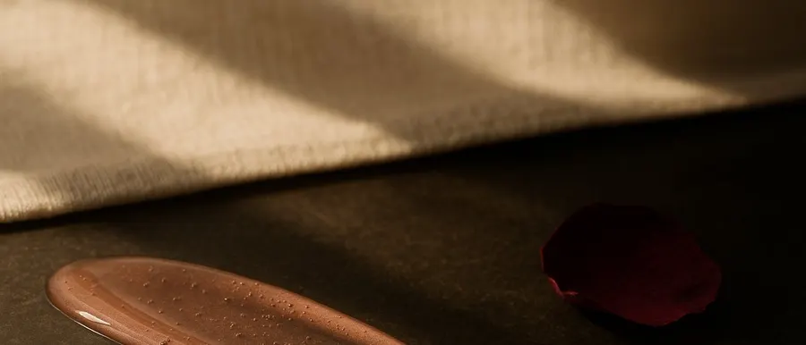 Rose tinted serum smear with a glass droplet and burgundy petal on warm stone, lip treatment still life