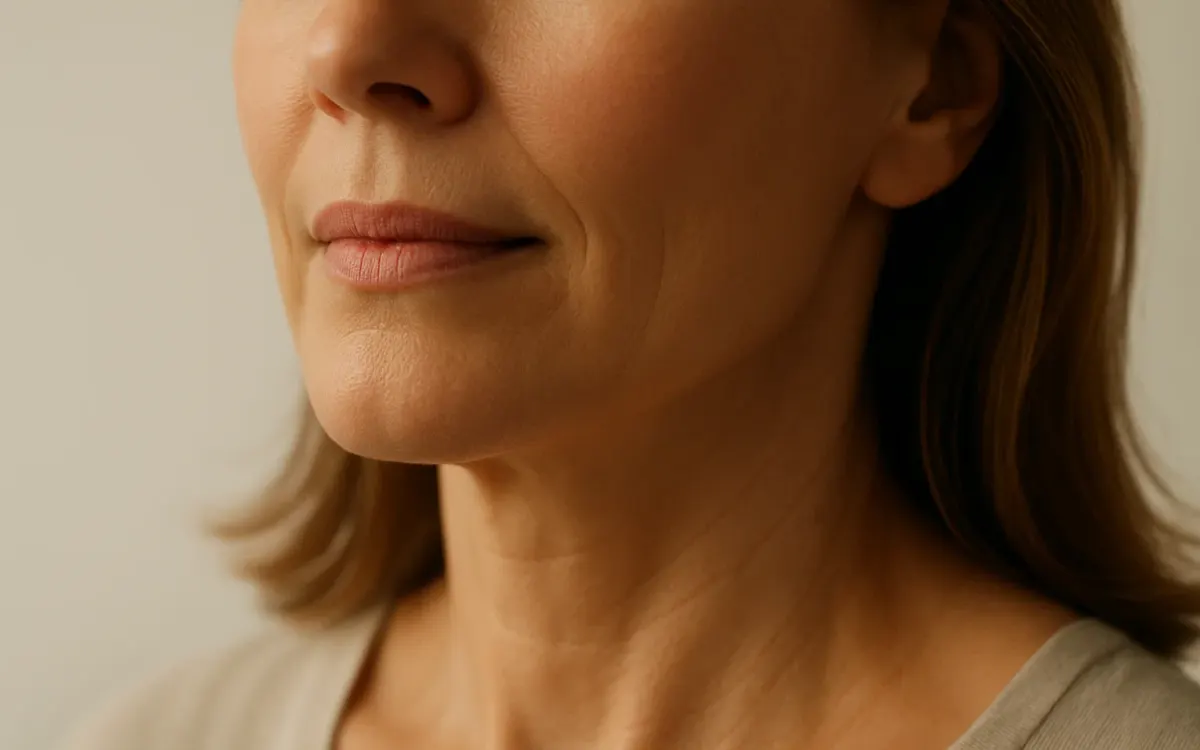 Editorial close up of a lower face showing the lines running from the corners of the mouth down towards the jawline