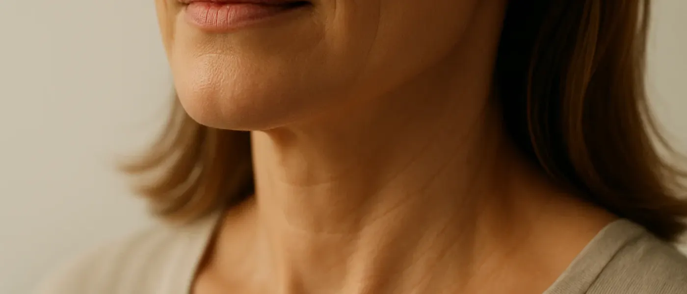 Editorial close up of a lower face showing the lines running from the corners of the mouth down towards the jawline