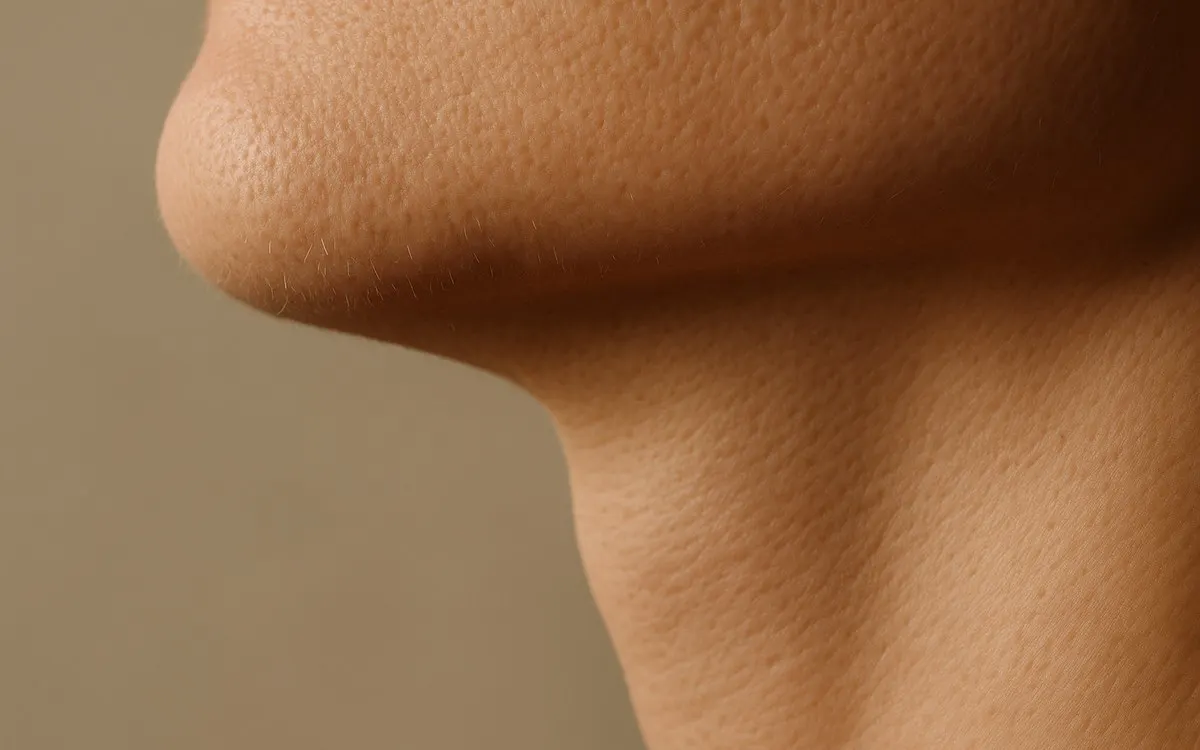 Macro photograph of the jaw and neck in soft warm light, illustrating the facial muscles treated with botulinum toxin