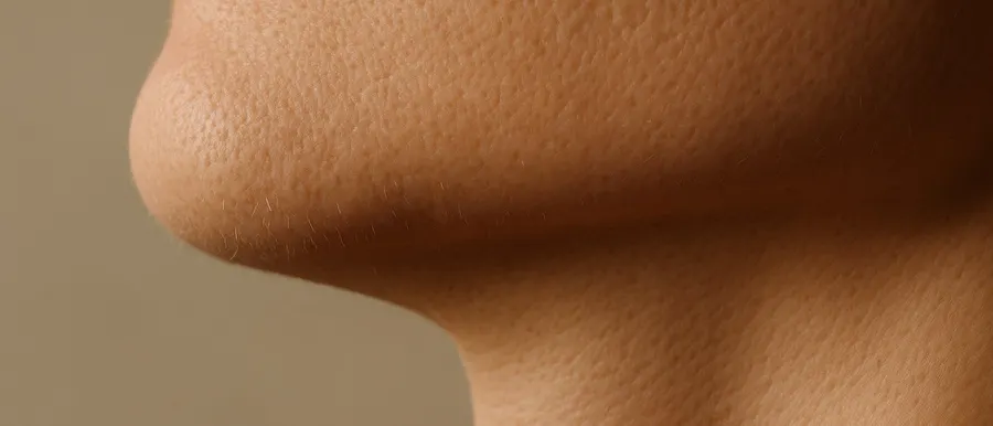 Macro photograph of the jaw and neck in soft warm light, illustrating the facial muscles treated with botulinum toxin