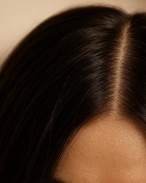 Close macro of a natural hair parting showing scalp skin and individual strands, warm neutral editorial lighting