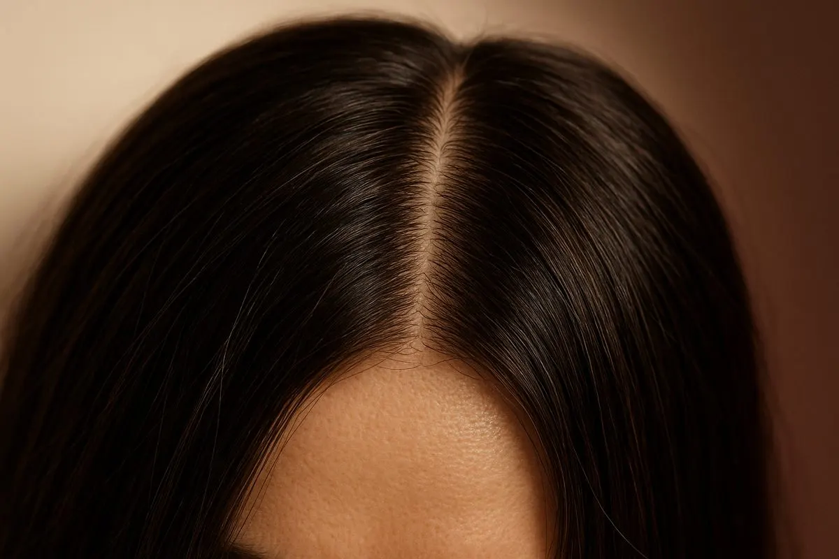 Close macro of a natural hair parting showing scalp skin and individual strands, warm neutral editorial lighting