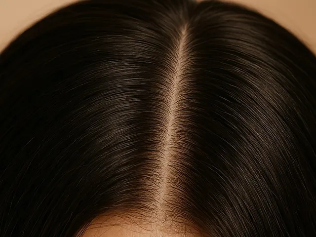 Macro of a healthy hair parting showing scalp skin and dense strands, representing PolyPhil Hair polynucleotide scalp treatment