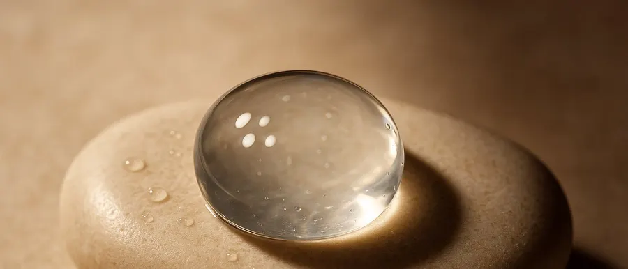 A single clear gel bead resting on warm cream stone with small points of light around it, representing Profhilo Bio Aesthetic injection points
