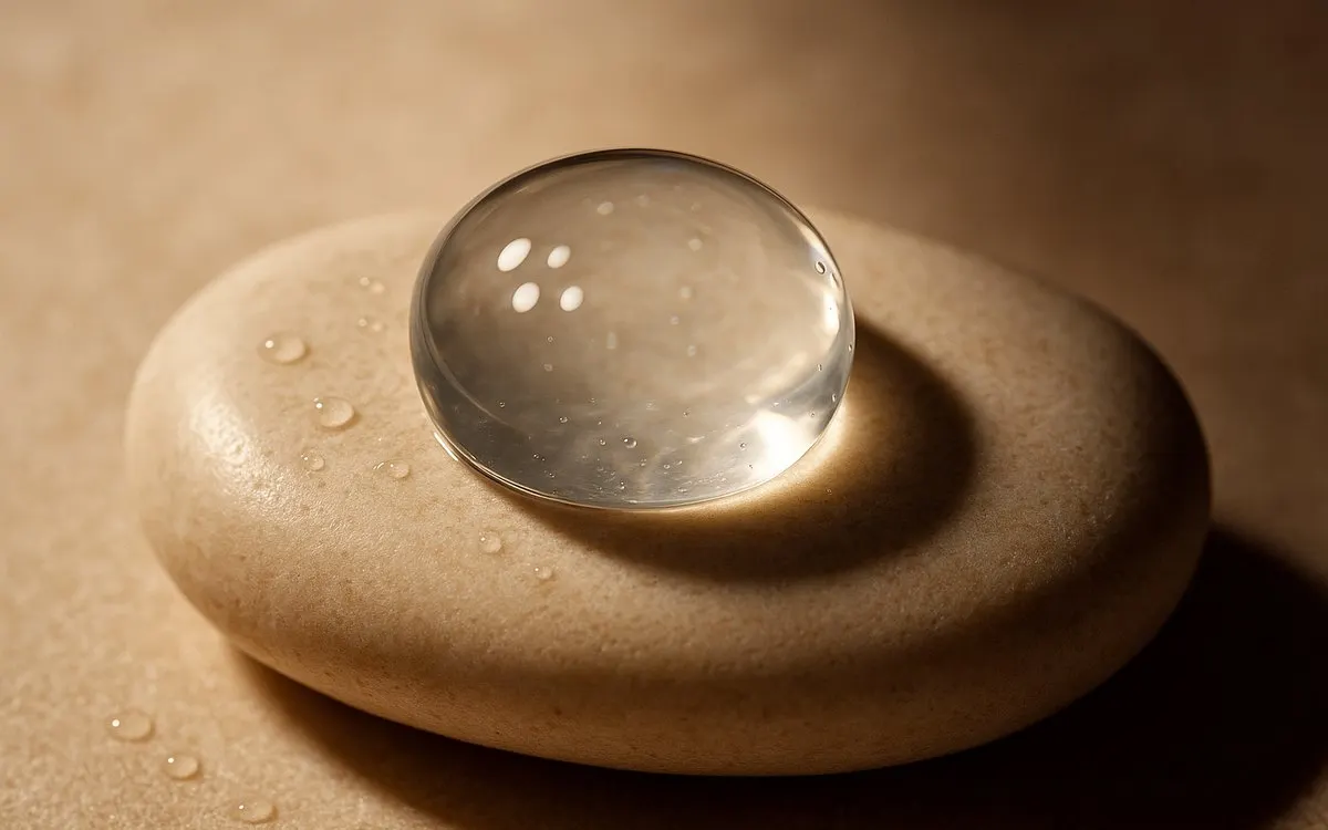 A single clear gel bead resting on warm cream stone with small points of light around it, representing Profhilo Bio Aesthetic injection points