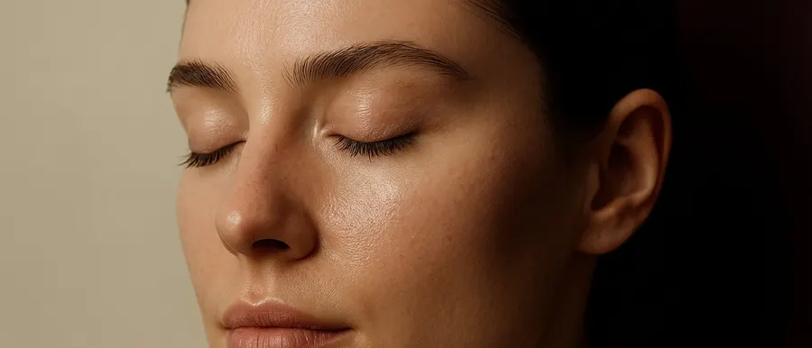 Close up of a woman's face in three quarter view with eyes gently closed, showing smooth, hydrated facial skin with fine natural texture, the skin quality Profhilo and polynucleotides are used to improve