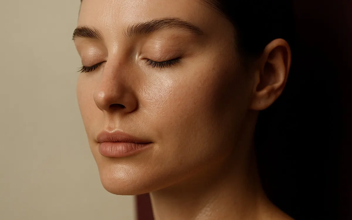 Close up of a woman's face in three quarter view with eyes gently closed, showing smooth, hydrated facial skin with fine natural texture, the skin quality Profhilo and polynucleotides are used to improve