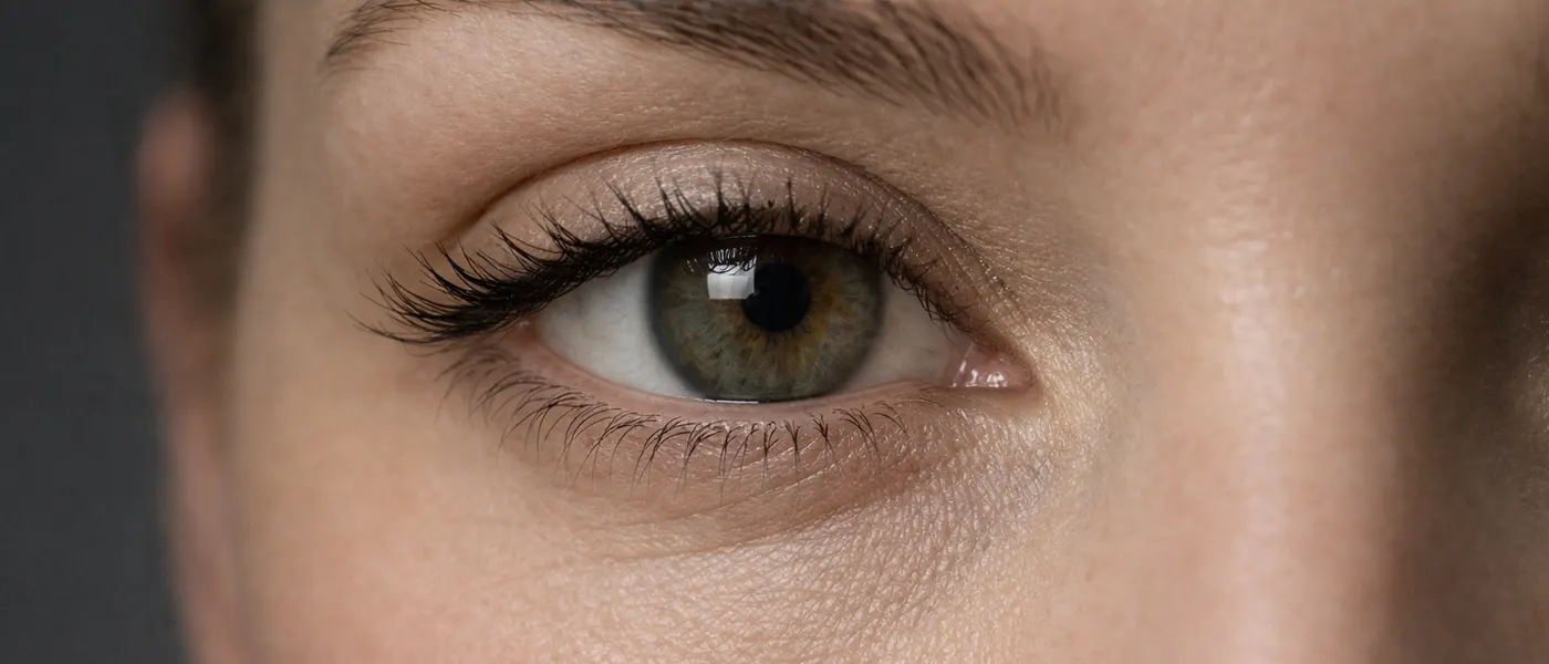 Close-up of a woman's eye, under-eye and cheek showing the tear trough area