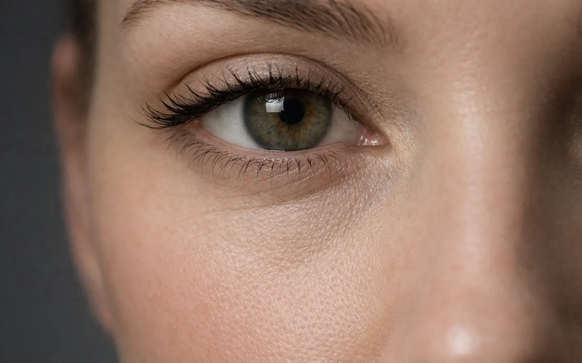 Close-up of a woman's eye, under-eye and cheek showing the tear trough area