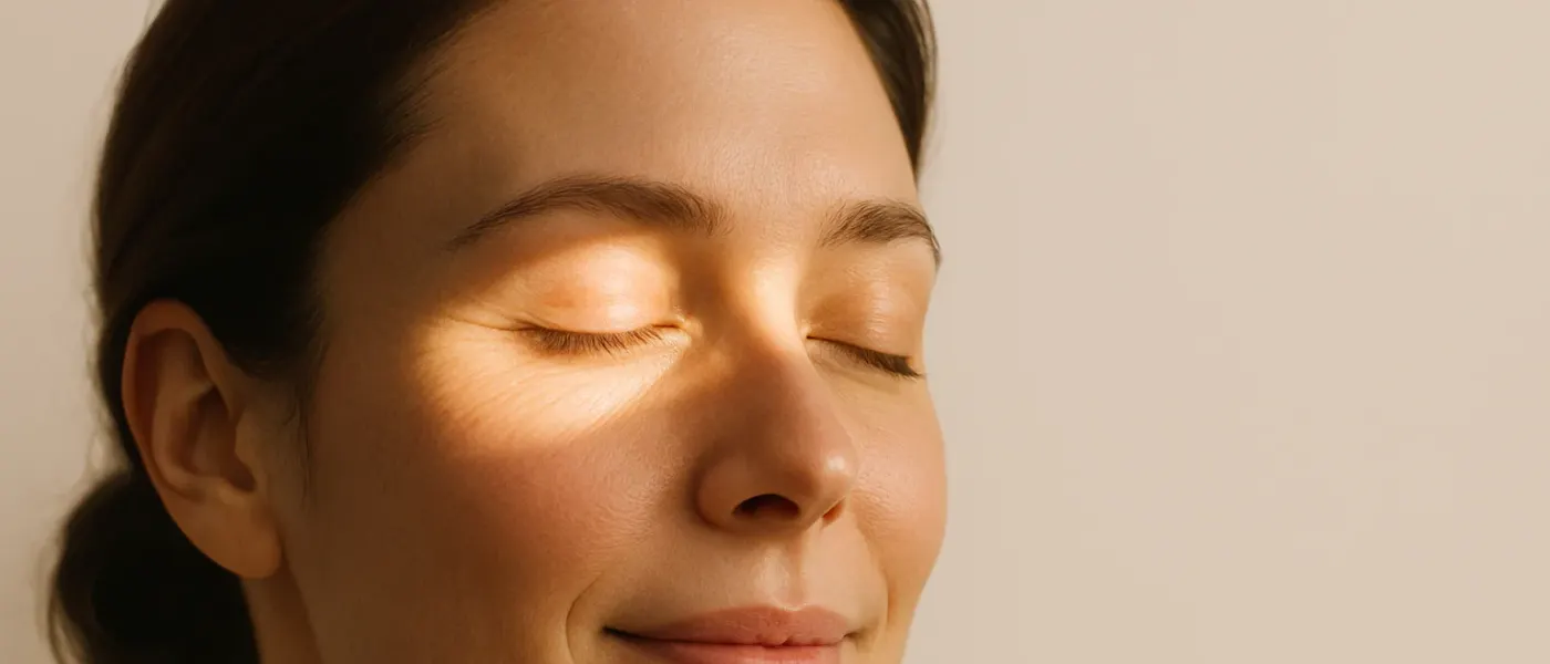 Close crop of the skin beneath a woman's eye and upper cheek, showing the tear trough hollow in soft daylight