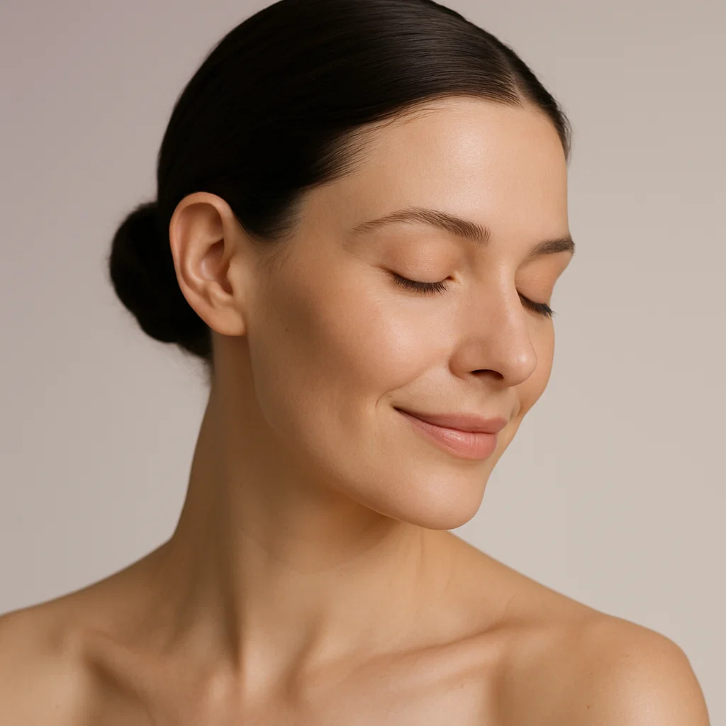 Woman with dark hair in a bun and glowing skin, eyes closed, against a soft neutral background
