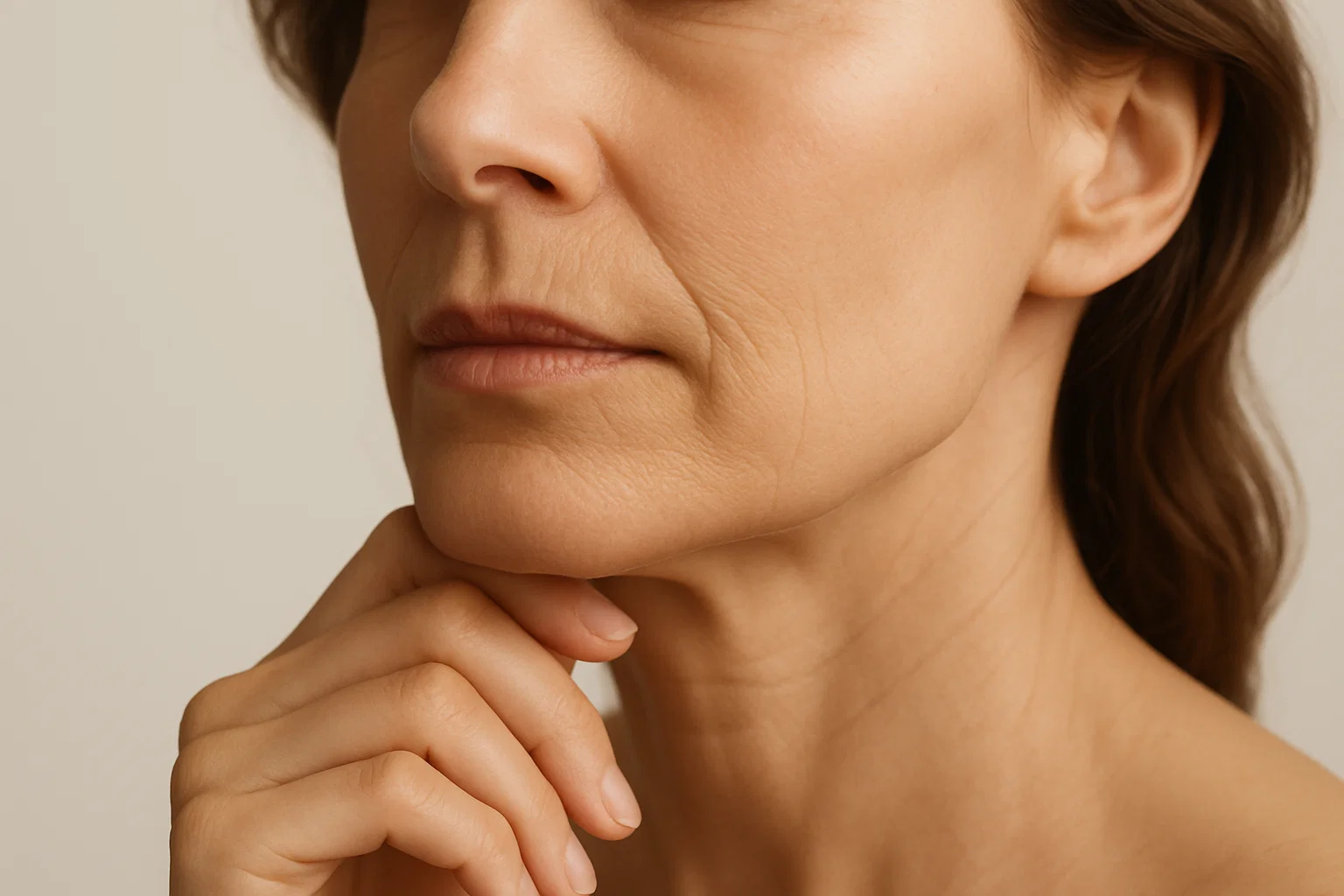 Close study of a mouth and perioral region in warm neutral light, showing the vermillion border and philtral columns