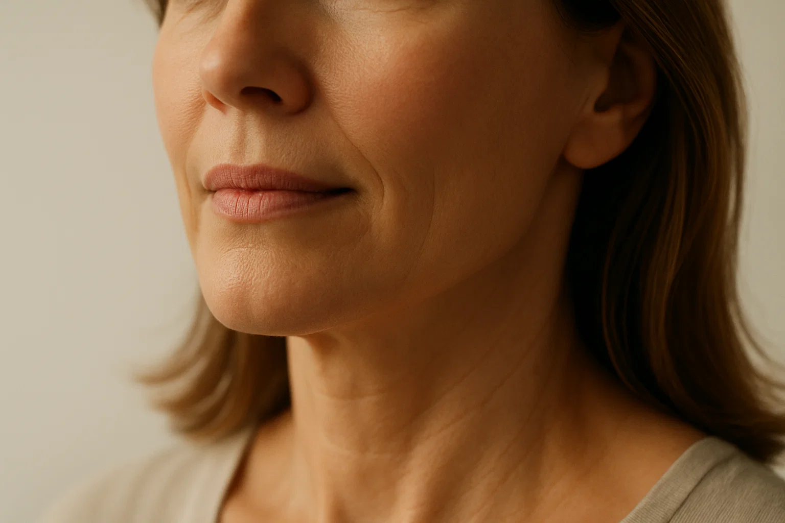 Editorial close up of a lower face showing the lines running from the corners of the mouth down towards the jawline