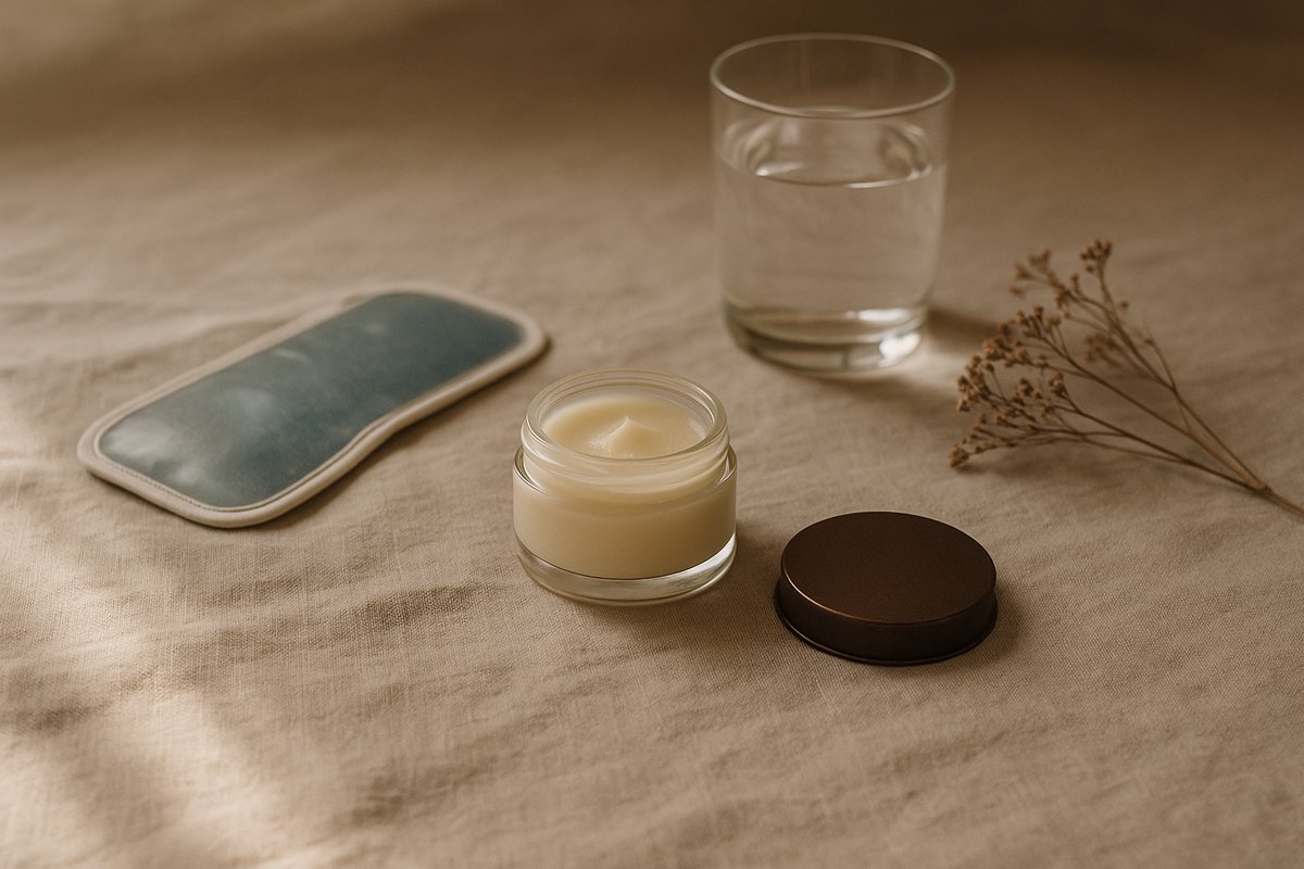 Soothing balm, cool compress and water arranged on linen, dermal filler aftercare still life