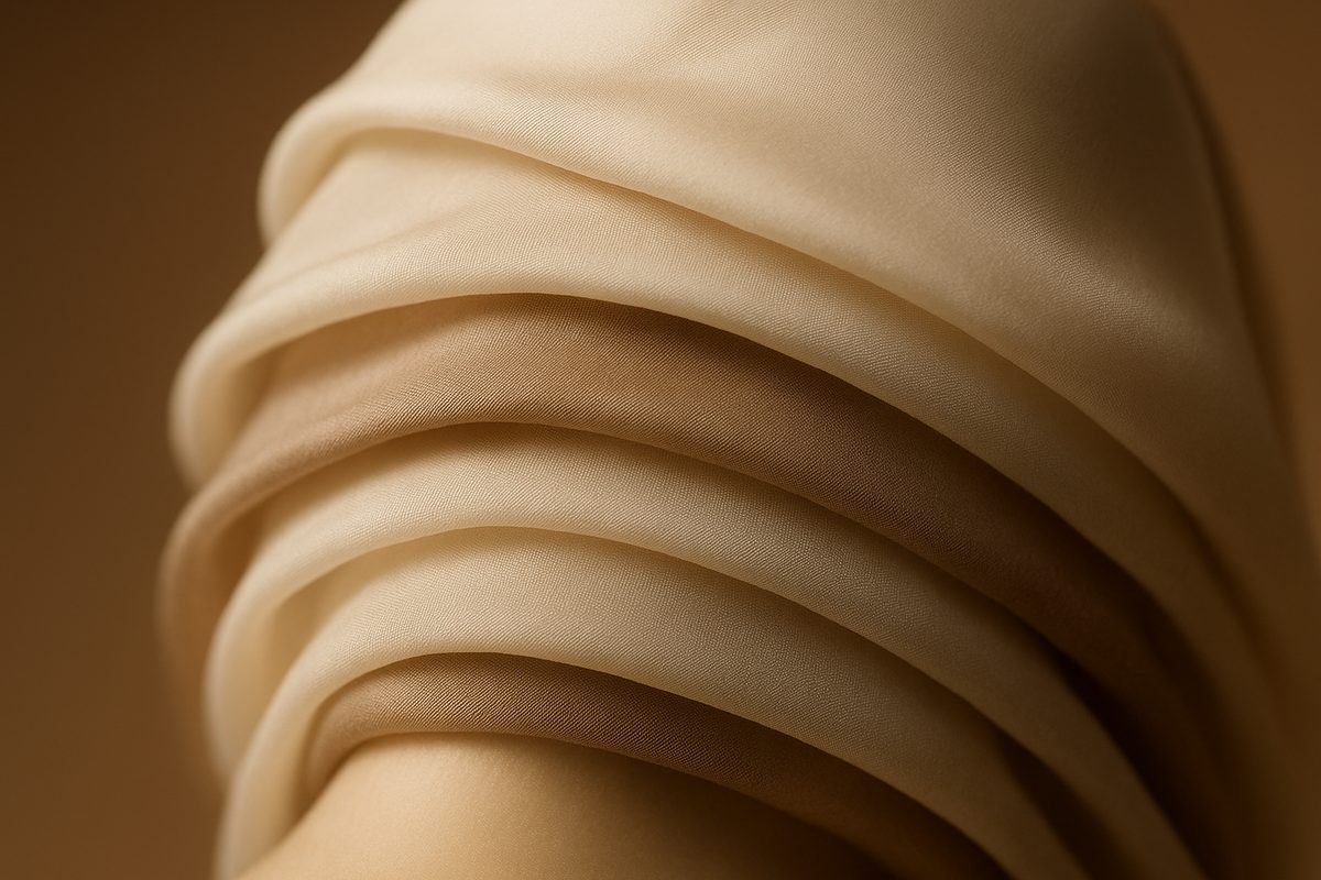 Layers of cream silk stacked over a sculptural form in warm light, representing the layered fat compartments of the midface