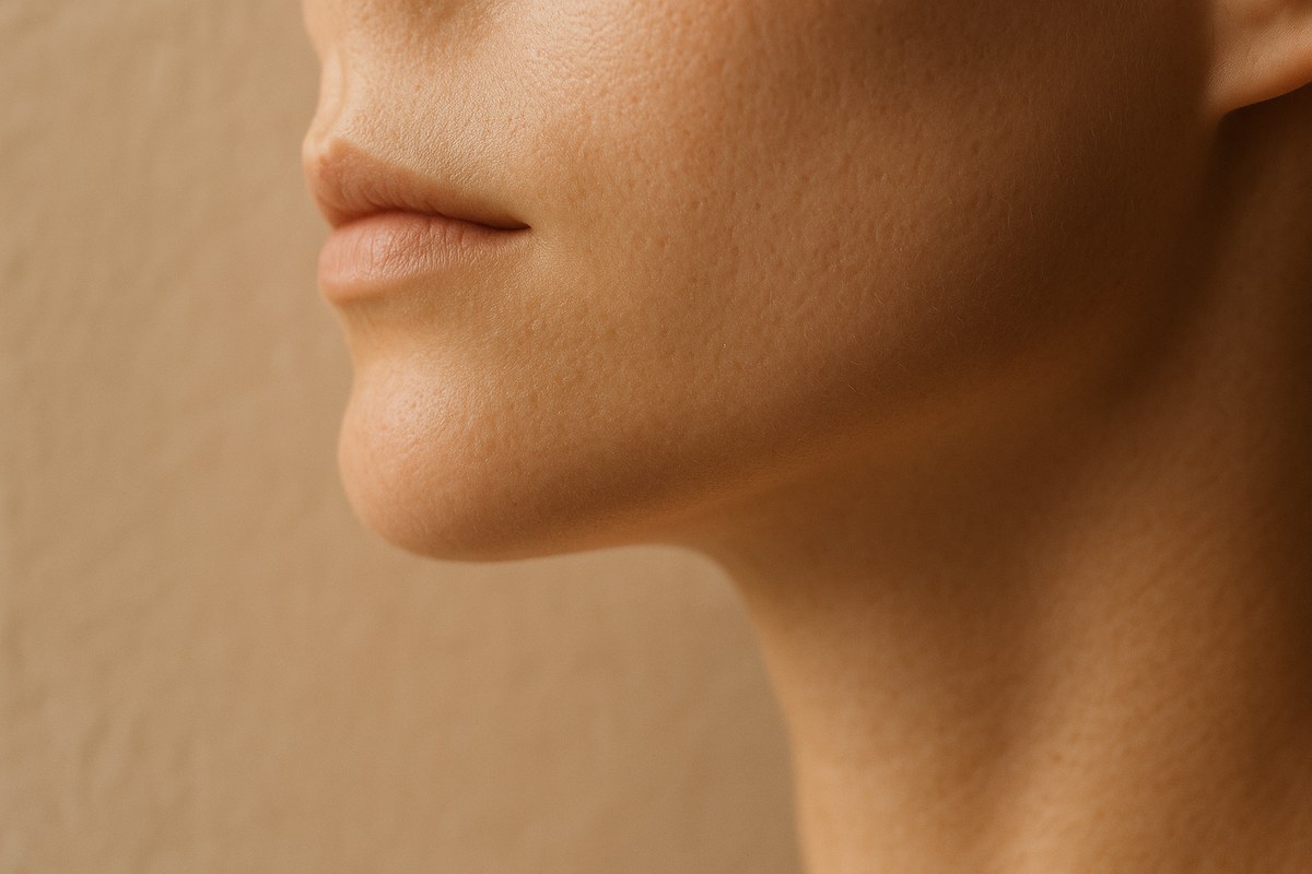 Close-up profile of a chin and jawline in warm neutral light, illustrating chin projection and profile balance