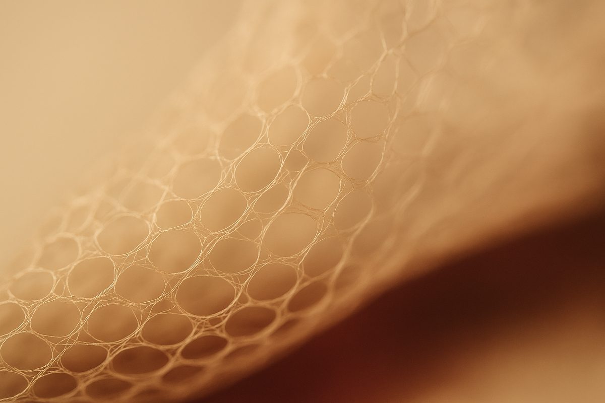 Abstract macro of a fine translucent mesh scaffold in warm amber light, representing a collagen scaffold in the skin