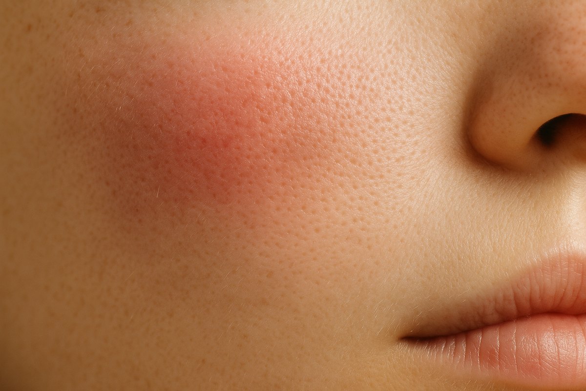 Extreme macro of adult cheek skin with a warm rose flush blooming across it and fading into neutral skin, fine pores and downy hair in soft daylight