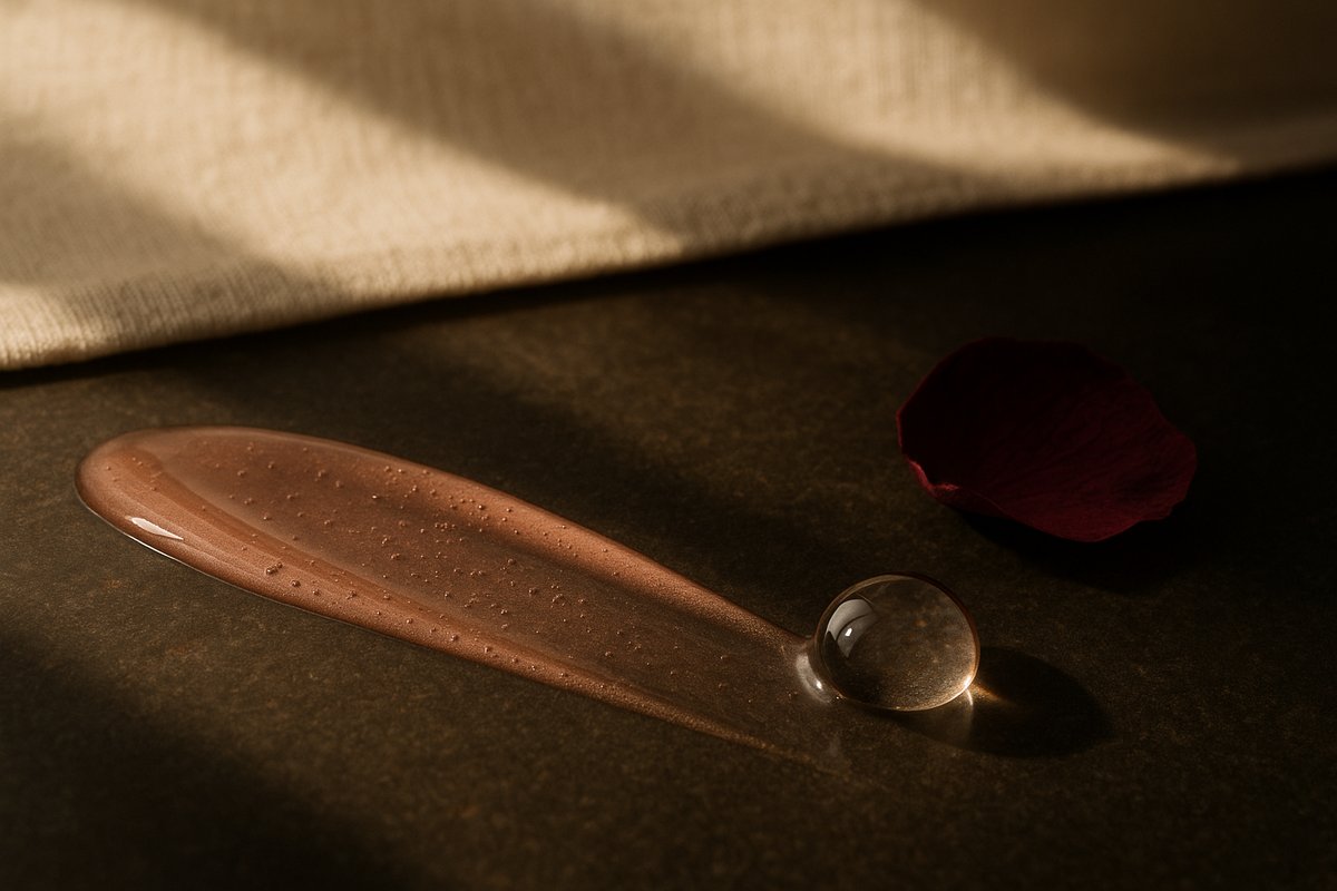 Rose tinted serum smear with a glass droplet and burgundy petal on warm stone, lip treatment still life