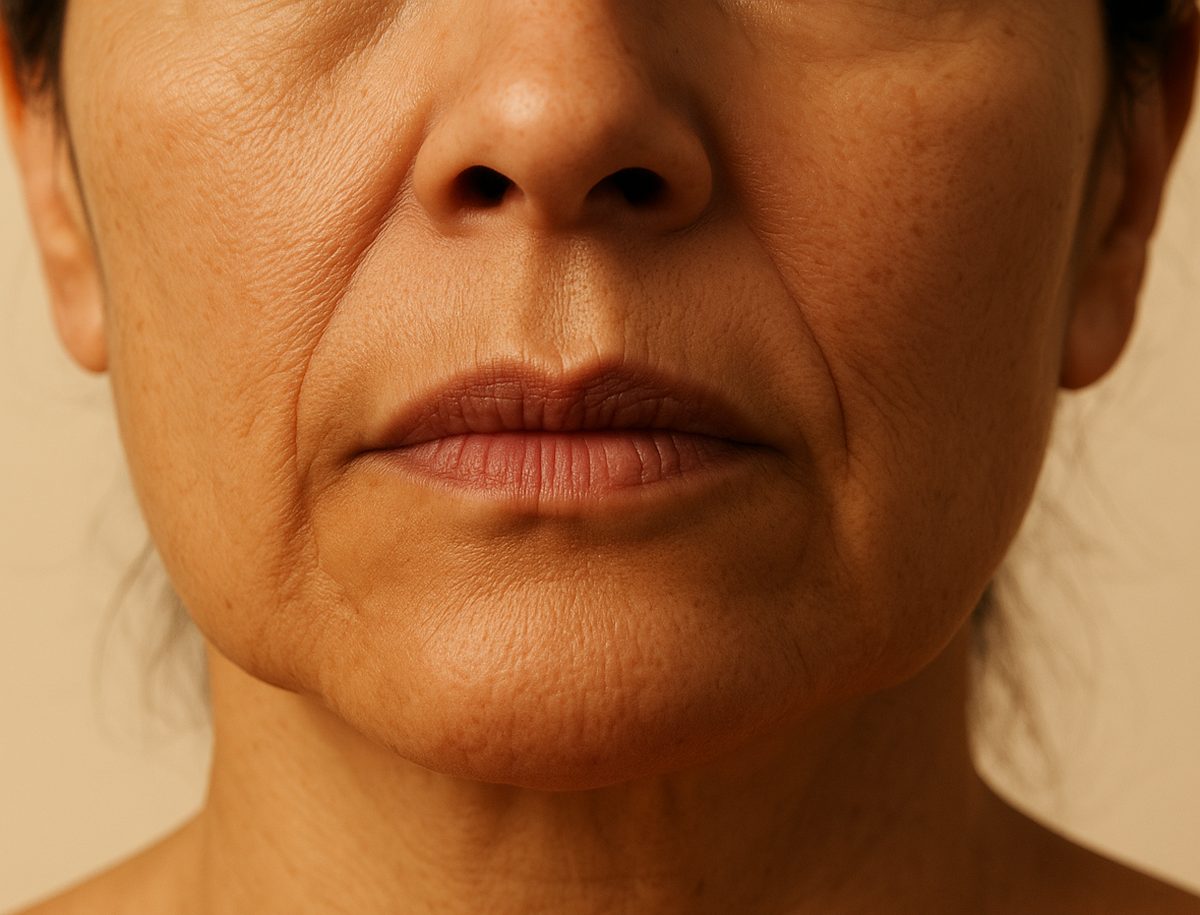 Close up of the lower face of a woman in her late forties showing the mouth corners, chin and jawline with marionette lines visible