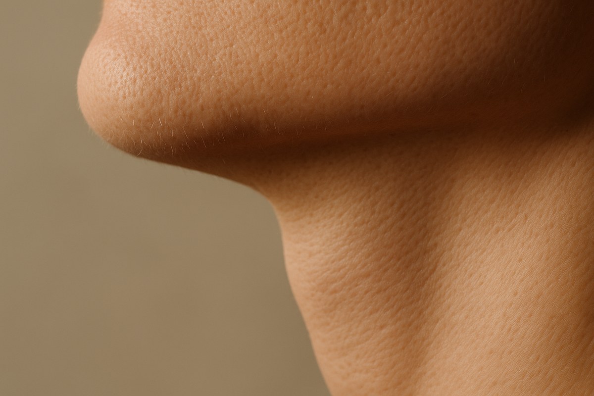 Macro photograph of the jaw and neck in soft warm light, illustrating the muscles treated with medical botulinum toxin