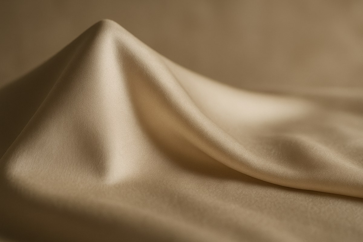 Cream silk supported on one side and sagging on the other in warm light, representing loss of midface support with age