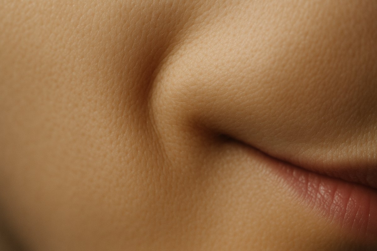 Macro photograph of the soft crease running from the side of the nose towards the corner of the mouth, warm neutral light, no identifiable face
