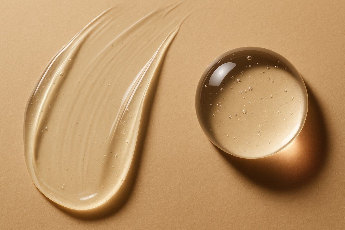 Two clear gel textures side by side, one spreading and one holding its shape, showing how cross-linking changes how a hyaluronic acid product behaves in tissue
