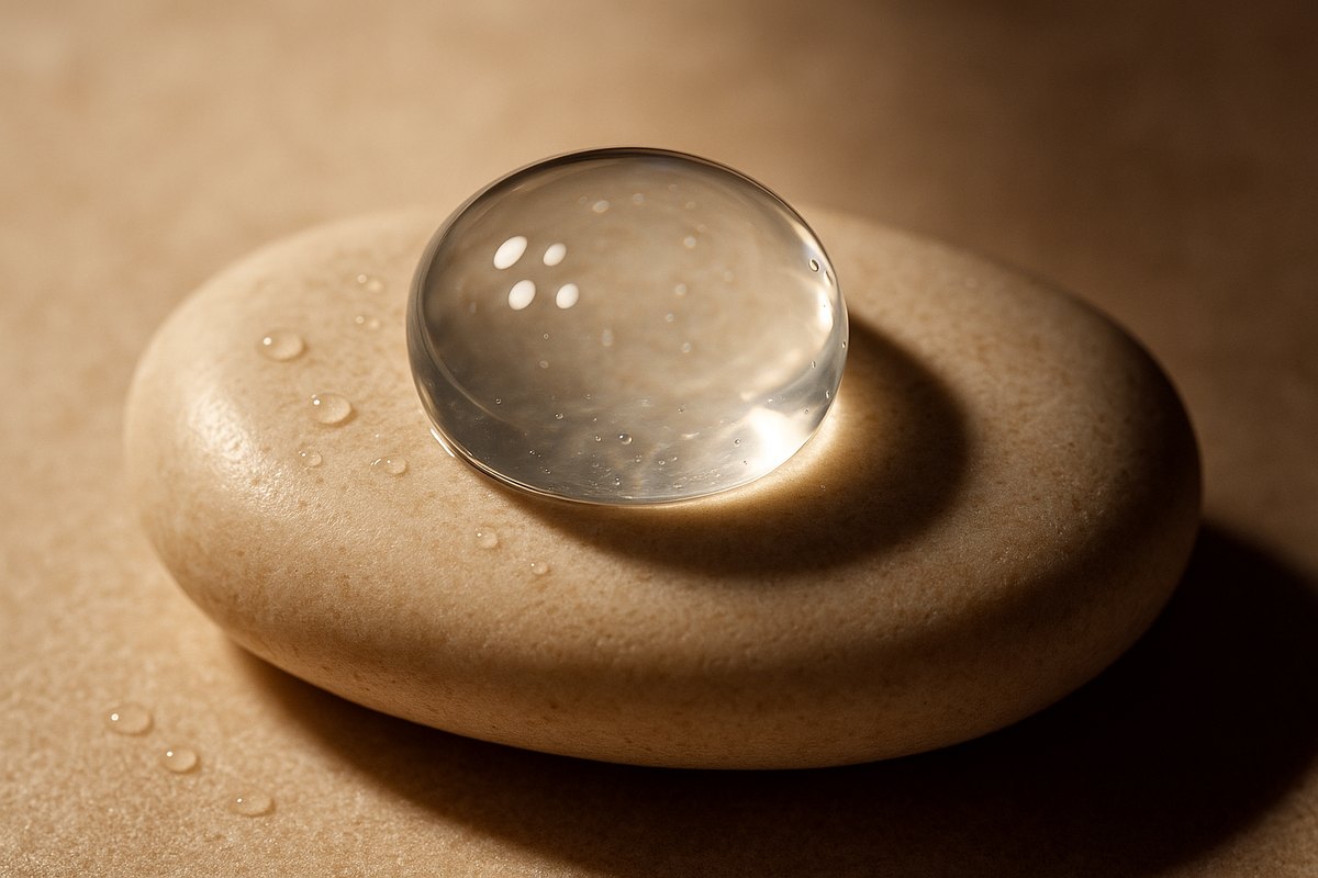 A single clear gel bead on warm cream stone, illustrating hyaluronic acid used in skin booster treatments