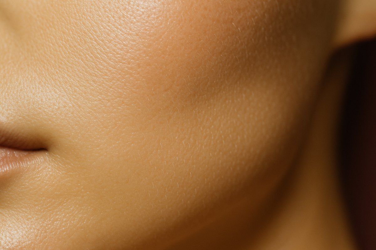 Macro photograph of hydrated cheek and jaw skin with fine natural texture, warm neutral editorial tones