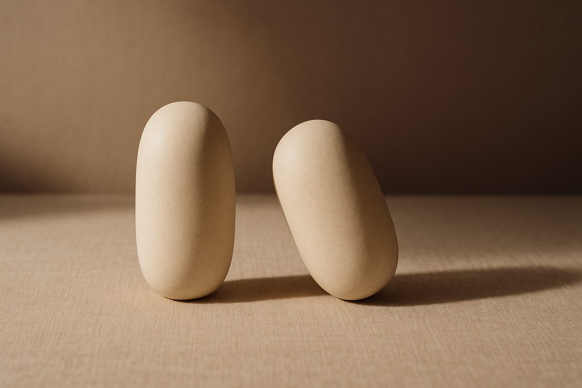 Two matching pale stone forms on warm linen, one upright and one leaning, a still life standing in for facial symmetry and imbalance