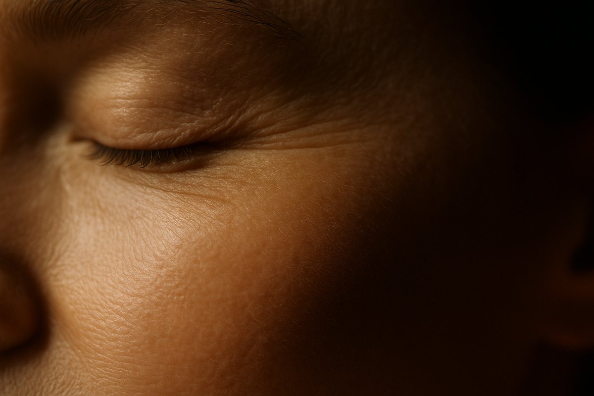 Macro photograph of the outer corner of a closed eye and temple, showing fine expression lines in raking light