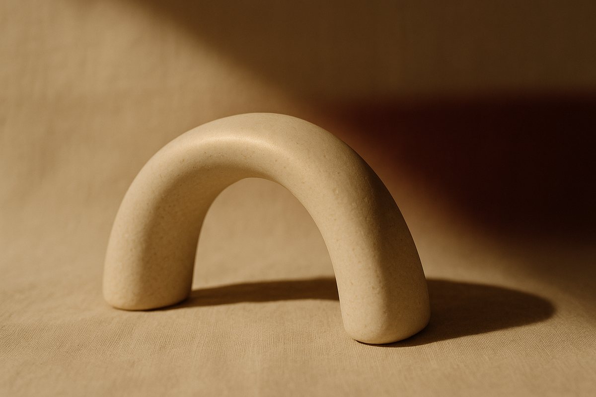 Pale stone arch on warm linen, a still life standing in for the bony rim of the eye socket that supports the soft tissue above it